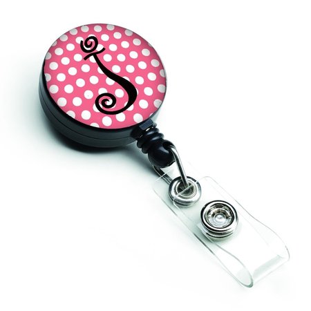 CAROLINES TREASURES Letter J Monogram Pink and Black Polka Dots Retractable Badge Reel CJ1001-JBR